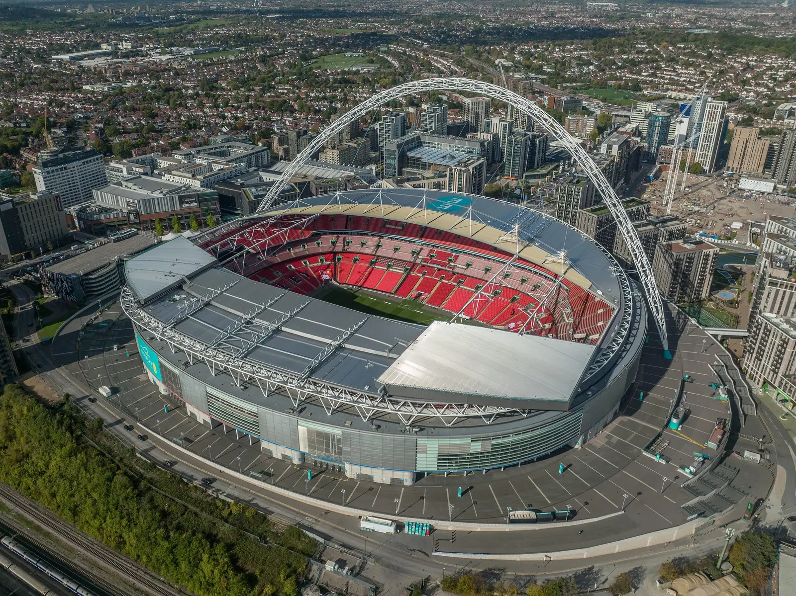 Aerial view of Wembley Stadium and its arch over the surrounding streets