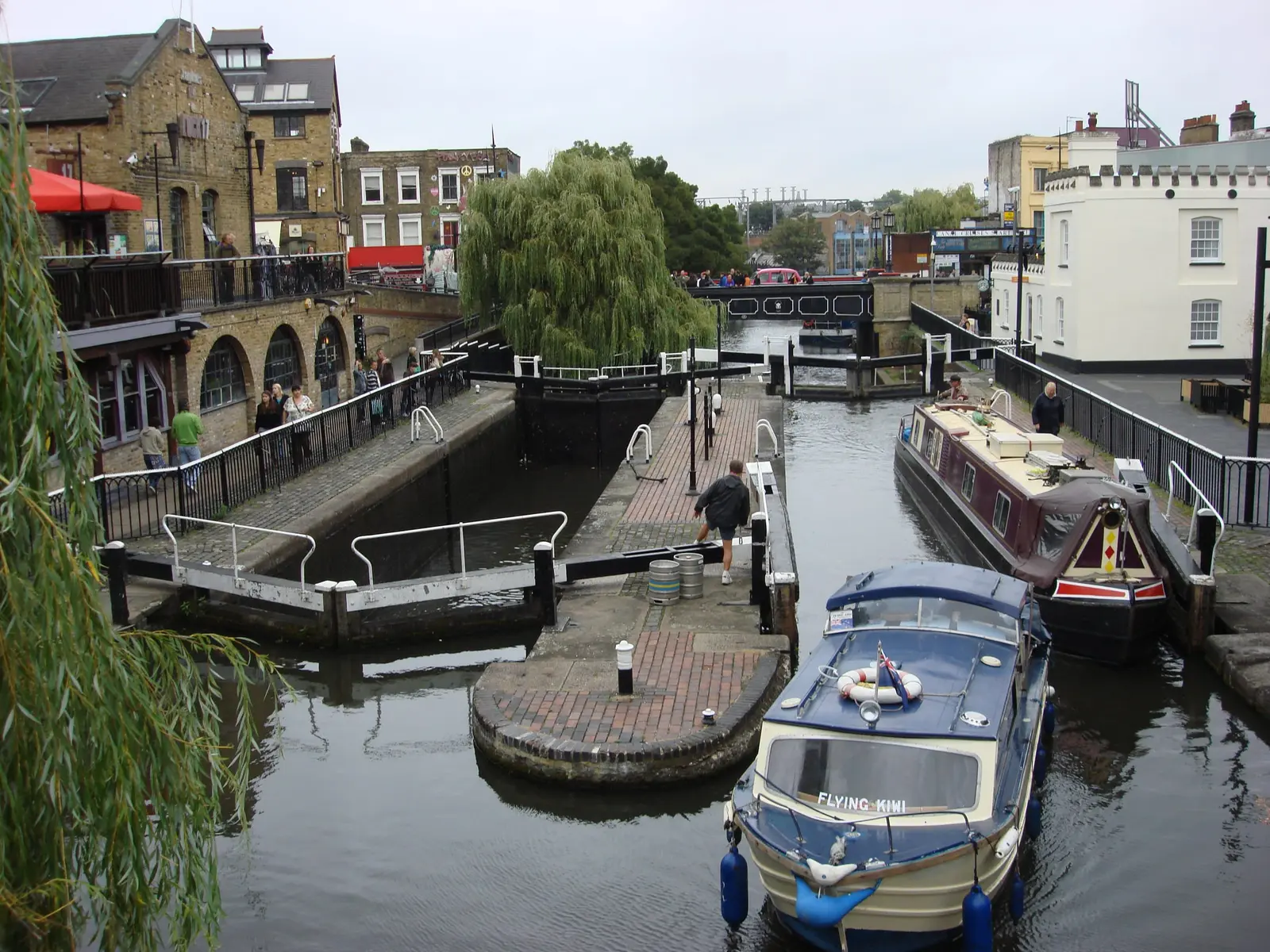 Camden Lock with narrowboats and market buildings around the canal