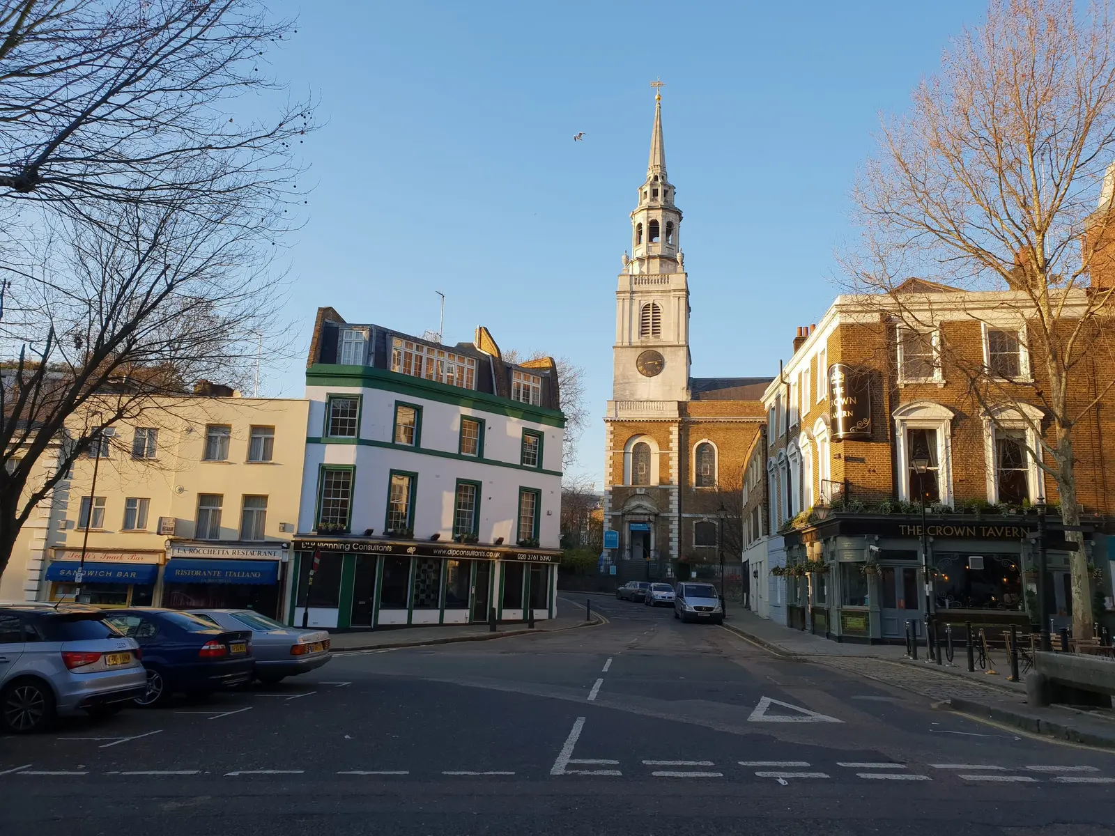 Clerkenwell Green looking towards St James’s Church spire