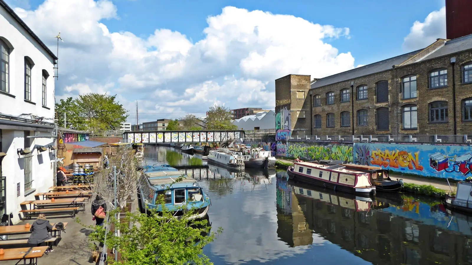 Narrowboats on the River Lee Navigation beside Hackney Wick’s warehouses