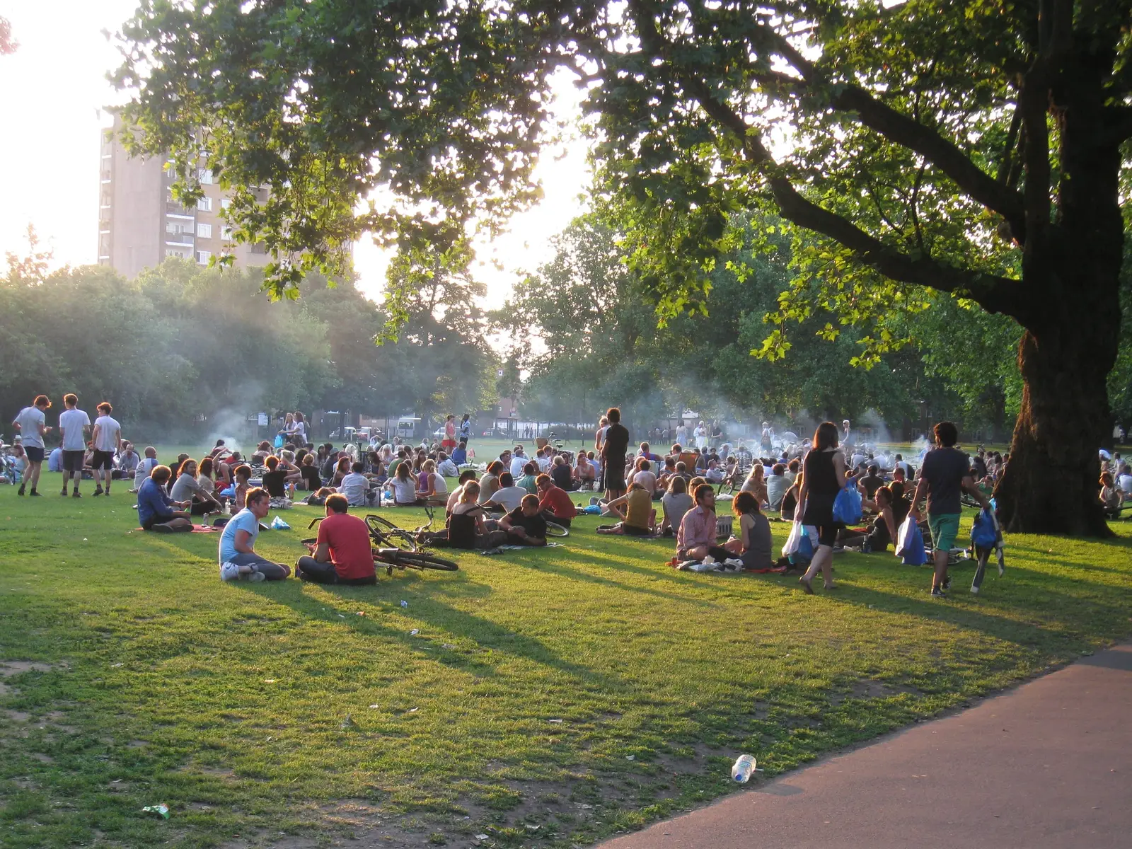 A summer evening crowd picnicking on the grass at London Fields