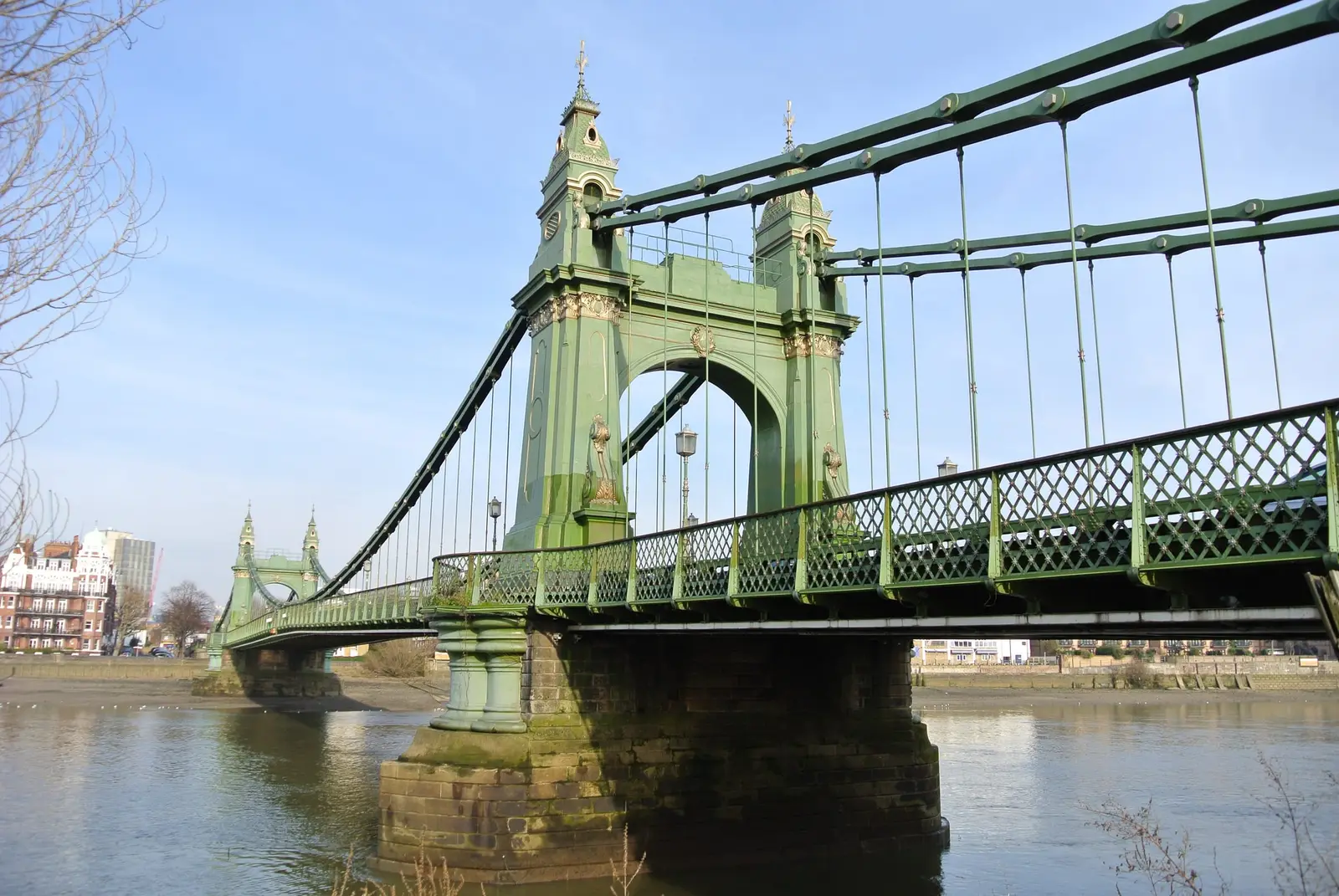 Hammersmith Bridge, a green-painted Victorian suspension bridge over the Thames