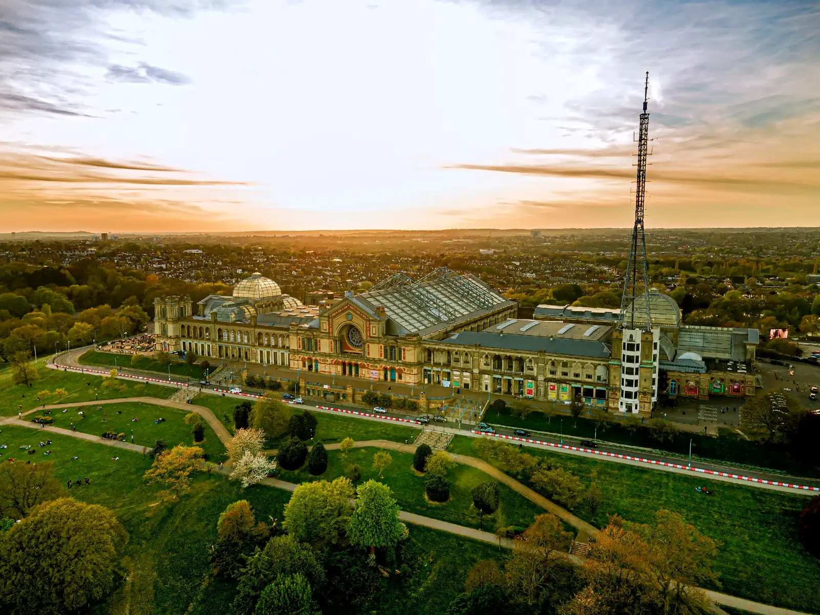 Alexandra Palace and its park at sunset, seen from above