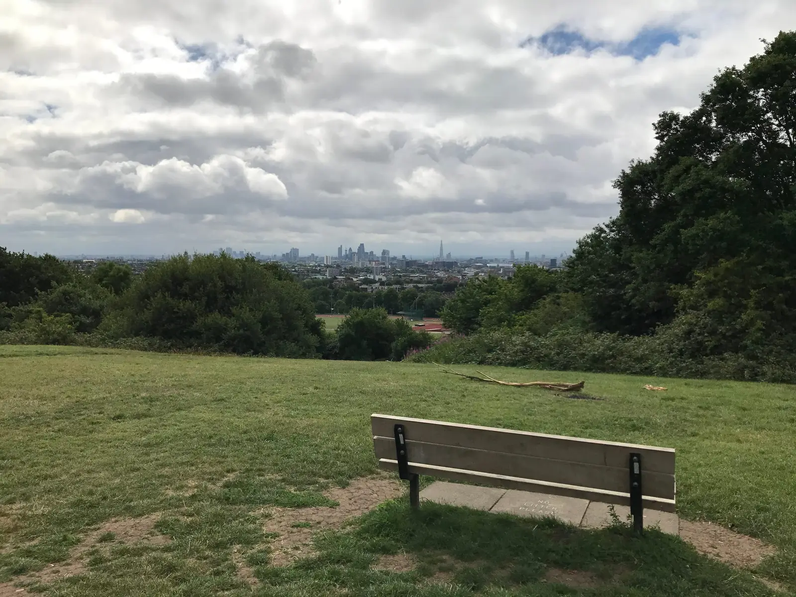 A bench on Parliament Hill looking over London