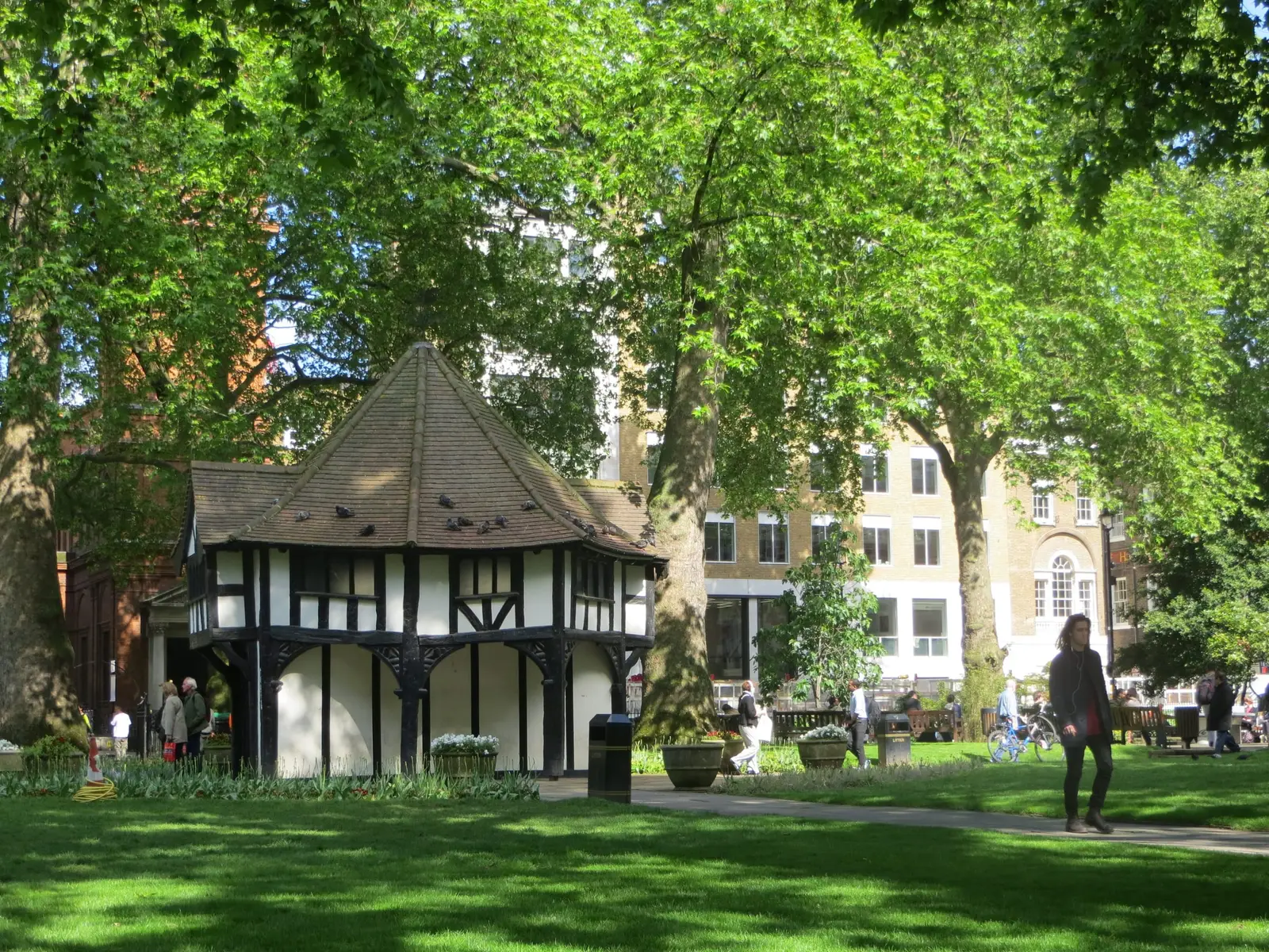Soho Square’s mock-Tudor garden hut and lawns in spring