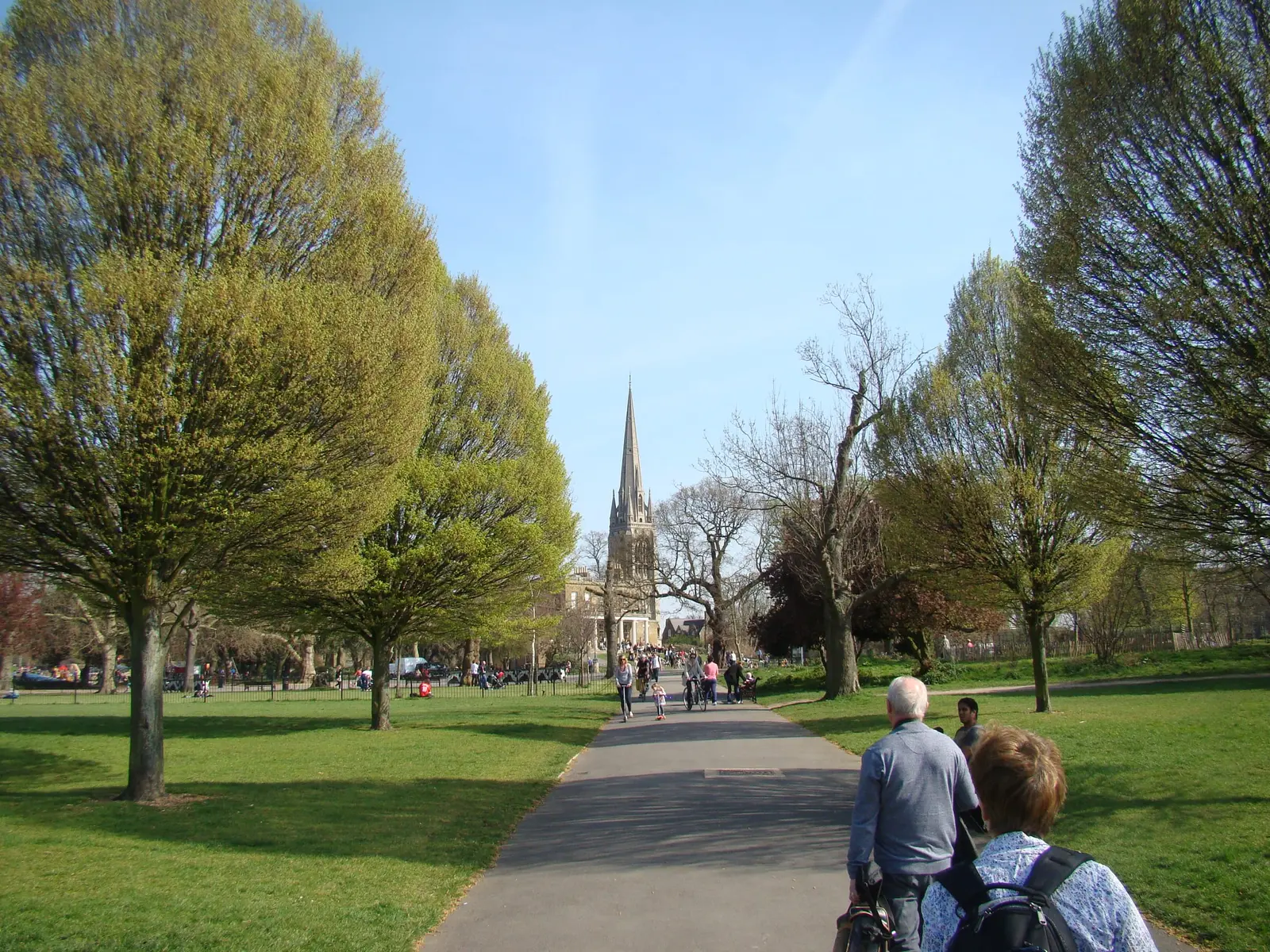Clissold Park path towards St Mary’s Church spire and Clissold House