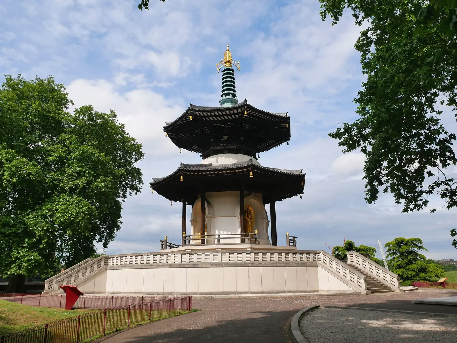 The Peace Pagoda in Battersea Park framed by trees