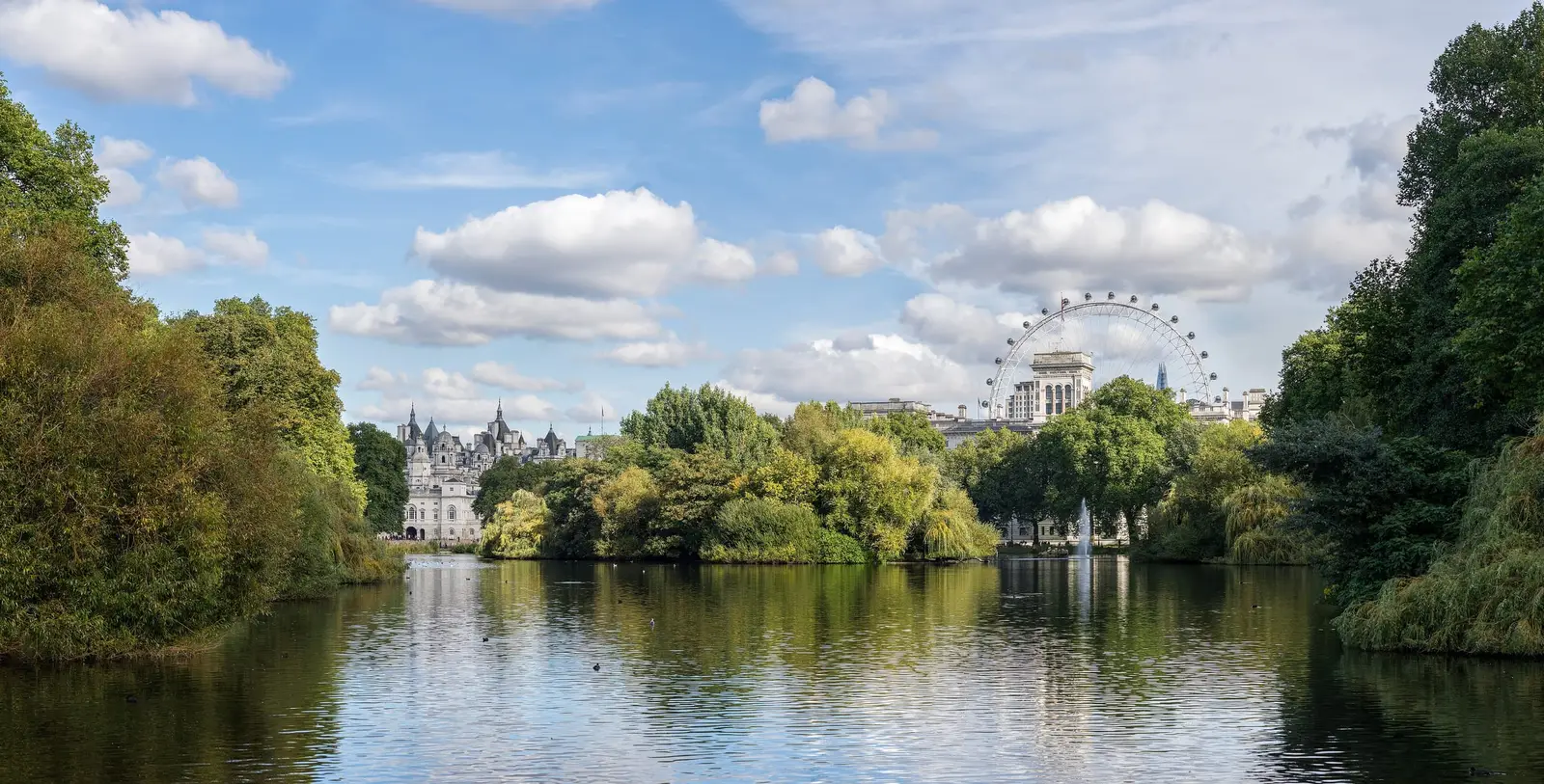 St James’s Park lake with trees and the London Eye in the distance