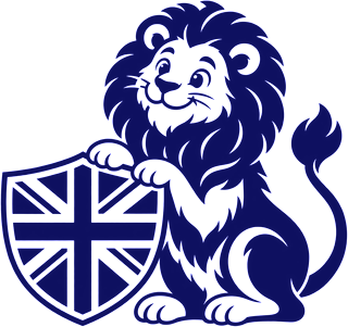 Leo the lion, holding a Union Jack shield